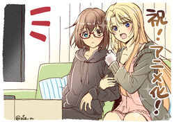  2girls blonde_hair blue_eyes brown_hair couch glasses heterochromia hood hoodie kamikoshi_sorawo locked_arms long_hair mizuno_eita multiple_girls nishina_toriko pillow sitting television transparent_hand urasekai_picnic watching_television yuri 