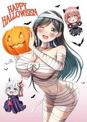  3girls amagami-san_chi_no_enmusubi amagami_asahi amagami_yae amagami_yuna animal_hands bat_(animal) black_hair blue_eyes blue_hair blush breasts brown_eyes brown_hair cat_paws chibi demon_horns hair_ornament halloween_costume highres horns jack-o&#039;-lantern large_breasts long_hair multiple_girls mummy_costume oerba_yun_fang one_eye_closed open_mouth ryopa siblings sisters star-shaped_pupils star_(symbol) symbol-shaped_pupils 