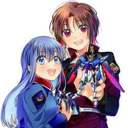  2girls absurdres blue_eyes blue_hair blush brown_hair colored_inner_hair cosplay cover destiny_gundam eyebrows_hidden_by_hair freedom_gundam gundam gundam_seed gundam_seed_destiny gunpla hg_ni_koisuru_futari highres holding holding_toy kanzaki_sayaka_(hg_ni_koisuru_futari) kira_yamato kira_yamato_(cosplay) kudou_makoto looking_at_viewer mecha model_kit multicolored_hair multiple_girls official_art open_mouth red_eyes red_hair robot shinn_asuka shinn_asuka_(cosplay) takamiya_sora toy white_background 