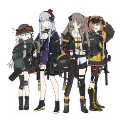  404_(girls&#039;_frontline) 4girls armband assault_rifle boots fingerless_gloves g11_(girls&#039;_frontline) g11_(mod3)_(girls&#039;_frontline) girls&#039;_frontline gloves goggles goggles_on_head grenade_launcher gun h&amp;k_g11 h&amp;k_hk416 h&amp;k_ump hat heckler_&amp;_koch hk416_(girls&#039;_frontline) hk416_(mod3)_(girls&#039;_frontline) kofucchi mechanical_arms multiple_girls rifle single_mechanical_arm sleepy submachine_gun ump45_(girls&#039;_frontline) ump45_(mod3)_(girls&#039;_frontline) ump9_(girls&#039;_frontline) ump9_(mod3)_(girls&#039;_frontline) weapon white_background yellow_armband 