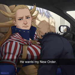  1boy :/ american_flag american_flag_print ass back blonde_hair bodysuit boku_no_hero_academia breikka cape car car_interior car_seat closed_mouth commentary english_commentary english_text female flag_print grey_hair hair_slicked_back he_wants_to_order_(meme) height_difference high_collar impossible_hair interior leaning_forward lips long_hair looking_at_viewer median_furrow meme motor_vehicle pants parted_lips scar selfie shigaraki_tomura side-view_mirror spoilers star_and_stripe_(boku_no_hero_academia) steering_wheel three_quarter_view topless_male torn_clothes 