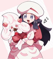  :d alcremie alcremie_(strawberry_sweet) apron black_hair blush candy chocolate chocolate_bar commentary_request dawn_(palentine&#039;s_2021)_(pokemon) dawn_(pokemon) dress eyelashes female food grey_eyes hat heart holding holding_pokemon mittens official_alternate_costume open_mouth pokemon pokemon_(creature) pokemon_masters_ex red_dress red_mittens shigetake_(buroira) short_sleeves smile tongue white_headwear 