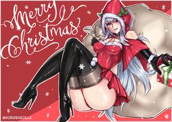  adapted_costume ass bad_id bad_twitter_id bare_shoulders black_gloves black_thighhighs boots breasts choker christmas christmas_ornaments christmas_present detached_sleeves fate/grand_order fate/grand_order_arcade fate/prototype fate_(series) female gift gloves gorgenzolla grey_hair hair_between_eyes high_heel_boots high_heels highres holly hood long_hair medium_breasts merlin_(fate/prototype) merlin_(fate/prototype)_(first_ascension) merry_christmas messy_hair purple_eyes red_background sack skirt snowflakes solo thigh_boots thighhighs thighhighs_under_boots thighs twitter_username 