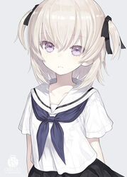  black_ribbon black_skirt capriccio collarbone commentary_request duplicate female grey_background grey_hair hair_between_eyes hair_ribbon long_hair looking_at_viewer neckerchief original parted_lips photoshop_(medium) pixel-perfect_duplicate pleated_skirt purple_eyes purple_neckerchief ribbon sailor_collar school_uniform serafuku shirt short_sleeves simple_background skirt solo two_side_up upper_body white_sailor_collar white_shirt 