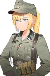  absurdres ammunition_pouch badge belt belt_buckle blonde_hair blue_eyes buckle closed_mouth collar_tabs collarbone epaulettes female field_cap german_army gloves gradient_eyes grey_hat grey_jacket grey_shirt hair_between_eyes hat high_ponytail highres insignia jacket load_bearing_equipment long_sleeves looking_ahead m43_field_cap medal military military_jacket military_uniform multicolored_eyes open_collar original patch pocket ponytail pouch reichsadler serious shirt simple_background soldier solo swastika undershirt unicron_(brous) uniform upper_body wehrmacht white_background white_shirt world_war_ii 