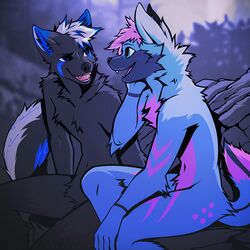  1:1 2021 angiewolf anthro black_body black_fur blue_body blue_fur canid canine digital_media_(artwork) duo fur hair male mammal nude open_mouth pink_hair smile teeth tongue 