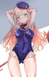  absurdres alternate_breast_size alternate_costume arms_behind_head azur_lane bare_legs beret blonde_hair blue_eyes blue_headwear blue_one-piece_swimsuit bow breasts collar cosplay cowboy_shot crown dead_or_alive envel203 eyebrows female frilled_collar frilled_one-piece_swimsuit frills hair_ribbon hairband hat highres looking_at_viewer marie_rose marie_rose_(cosplay) marie_rose_(devilish_servant_against_the_splashing_waves) medium_breasts mini_crown one-piece_swimsuit queen_elizabeth_(azur_lane) ribbon scepter shadow shiny_clothes solo striped_clothes striped_hairband sweat swimsuit white_background white_bow 