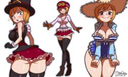  absurdres artist_name ass bad_id bad_pixiv_id black_gloves black_thighhighs blue_dress blue_eyes blush breasts brown_gloves cleavage closed_mouth cowboy_shot dated dress female frills from_behind full_body gloves grin hat high_heels highres koala_(one_piece) large_breasts long_sleeves looking_at_viewer looking_back maydaykiki multiple_views one_piece one_piece_treasure_cruise open_mouth orange_hair pink_shirt red_skirt shirt short_hair simple_background skindentation skirt smile straw_hat surprised teeth thigh_gap thighhighs tongue upper_teeth_only white_background wide-eyed wide_hips 