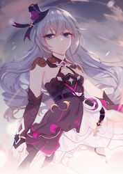  absurdres armpits black_headwear breasts bronya_zaychik bronya_zaychik_(herrscher_of_reason) cloud cloudy_sky dress drill_hair female highres honkai_(series) honkai_impact_3rd long_hair looking_at_viewer night night_sky open_mouth outdoors purple_dress purple_sleeves silence_(pixiv18541142) sky sleeveless sleeveless_dress small_breasts solo star_(sky) starry_sky teeth twin_drills 