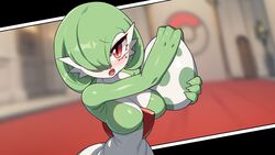  arms_up blurry blurry_background blush bob_cut breasts colored_skin commentary drunkoak dutch_angle egg english_commentary female gardevoir green_hair green_skin hair_over_one_eye highres holding holding_egg indoors looking_at_viewer medium_breasts mole mole_under_eye multicolored_skin one_eye_covered open_mouth personification poke_ball_symbol pokemon pokemon_(creature) pokemon_egg raised_eyebrows red_eyes shiny_skin short_hair solo standing tears two-tone_skin upper_body white_skin 