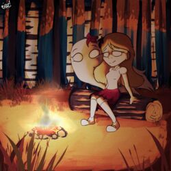  1:1 abigail_carter autumn beep! birch_tree breasts campfire clothed clothing don&#039;t_starve duo female female/female fire forest ghost grass hi_res human klei_entertainment log looking_relieved mammal not_furry plant relaxing spirit tree wendy_carter wood 