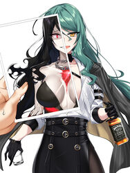  1other :d absurdres alcohol arm_belt belt_buckle black_choker black_gloves black_hair black_legwear black_skirt bottle breasts breasts_apart buckle chain_necklace chains chest_jewel chest_strap choker coat coat_on_shoulders collarbone collared_shirt corruption counter:side cowboy_shot cup drinking_glass dual_persona elze_(s01047480836) empty_eyes evil_grin evil_smile female furrowed_brow glass_bottle glint gloves green_hair grin hair_between_eyes half_gloves highres holding holding_bottle holding_cup holding_photo jack_daniel&#039;s jewelry korean_commentary lapels light_blush long_hair looking_at_viewer medium_breasts ministra necklace no_pupils open_clothes open_mouth open_shirt pale_skin pantyhose parted_bangs parted_lips partially_unbuttoned photo_(object) pinstripe_pattern pov pov_hands product_placement red_eyes rita_arsenico sanpaku shaded_face shirt shirt_tucked_in side_slit sidelocks simple_background single_bare_shoulder skirt sleeves_past_elbows smile smug solo_focus split_theme spoilers striped sweatdrop swept_bangs tsurime very_long_hair wavy_hair whiskey white_background white_shirt wide-eyed yellow_eyes 