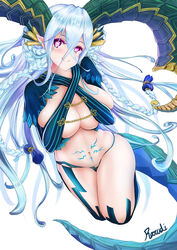  absurdres blush braid breasts chains closed_mouth commentary_request crossed_arms crossed_bangs curled_horns fate/grand_order fate_(series) female gloves hair_between_eyes hands_on_own_chest highres horns large_breasts long_hair long_horns looking_at_viewer navel pink_eyes pointy_ears pubic_tattoo rarudi simple_background smile solo stomach_tattoo striped_clothes striped_gloves symbol-shaped_pupils tail tattoo thighs tiamat_(fate) twin_braids vertical-striped_clothes vertical-striped_gloves very_long_hair white_background 