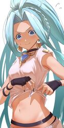  absurdres ahoge aiu_eo alternate_costume alternate_hairstyle bad_id bad_twitter_id blue_eyes blue_hair blush braid choker earrings female fingerless_gloves gloves granblue_fantasy highres jewelry long_hair lyria_(granblue_fantasy) midriff navel ponytail shirt simple_background smile tied_shirt white_shirt 