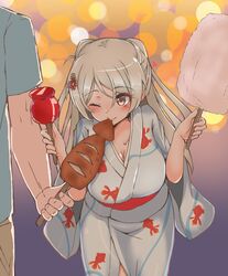  1boy 702_(naotsu) animal_print blue_shirt blush breasts candy_apple cleavage commentary_request conte_di_cavour_(kancolle) conte_di_cavour_nuovo_(kancolle) cotton_candy eating feeding female fish_print food goldfish_print grey_hair hair_between_eyes hair_ornament highres holding holding_food ikayaki japanese_clothes kantai_collection kimono large_breasts long_hair obi official_alternate_costume one_eye_closed sash shirt simple_background solo_focus straight wide_sleeves yukata 