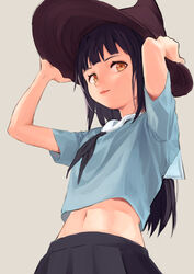  absurdres black_hair black_neckerchief black_skirt blunt_bangs brown_eyes closed_mouth commentary crop_top female from_below hands_on_headwear hands_up hat highres light_smile long_hair looking_at_viewer looking_down midriff navel neckerchief original school_uniform serafuku short_sleeves simple_background skirt solo straight_hair tuck_(tuck23978434) upper_body witch_hat 