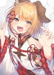  :d animal_ear_fluff animal_ears bare_shoulders blonde_hair blush braid brown_eyes claw_pose commentary_request dog_ears erune female fingernails granblue_fantasy hands_up highres long_sleeves looking_at_viewer oerba_yun_fang off_shoulder open_mouth skin_fang smile solo topia v-shaped_eyebrows vajra_(granblue_fantasy) white_sleeves wide_sleeves 