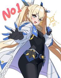  +_+ :d armored_bodysuit bandaid bandaid_on_cheek bandaid_on_face black_bodysuit black_gloves blonde_hair blue_eyes blue_gloves bodysuit breasts clenched_hand coat cowboy_shot female from_side fur_collar gloves goddess_of_victory:_nikke headgear highres laplace_(nikke) light_blush long_hair looking_at_viewer noumin_(nayusi99) oerba_yun_fang open_hand open_mouth reaching reaching_towards_viewer sidelocks skin_tight small_breasts smile solo star_(symbol) twintails two-tone_gloves white_coat 