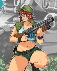  baseball_cap belt black_wristband boots breasts clenched_teeth collarbone combat_boots crop_top cropped_jacket cropped_shirt english_commentary female finger_on_trigger fio_germi full_body glasses grass green_footwear green_hat green_jacket green_shorts gun hat highres hip_vent holding holding_gun holding_weapon jacket large_breasts looking_to_the_side metal_slug midriff military military_vehicle motor_vehicle navel on_one_knee outdoors ponytail pump_action red_hair round_eyewear shirt short_sleeves shorts sidelocks solo squatting sv001_(metal_slug) tank teeth wallace_pires weapon white_shirt wristband 