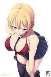  ass black_necktie black_pantyhose blonde_hair blue_eyes blush bra braid breasts cleavage closed_mouth clothes_pull commentary_request darjeeling_(girls_und_panzer) emblem female girls_und_panzer highres kasai_shin large_breasts light_blush looking_to_the_side medium_breasts necktie pantyhose pantyhose_pull pleated_skirt pulling_own_clothes short_hair signature simple_background skirt solo st._gloriana&#039;s_(emblem) sweat sweatdrop twin_braids underwear undressing white_background 