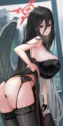  absurdres angel_wings ass black_gloves black_hair black_serafuku black_thighhighs black_wings blue_archive blush bra breasts choker female garter_belt gloves hair_between_eyes halo hasumi_(blue_archive) highres huge_breasts lace-trimmed_bra lace-trimmed_garter_belt lace-trimmed_legwear lace-trimmed_panties lace_trim large_wings lingerie long_hair long_skirt looking_at_viewer looking_back mole mole_under_eye necktie outdoors panties red_eyes red_necktie sailor_collar school_uniform serafuku serie_niai shiny_skin skirt smile solo thighhighs underwear very_long_hair wet wet_clothes white_sailor_collar wings 