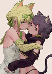  2girls absurdres animal_ears bare_shoulders blonde_hair blunt_bangs bow breasts brown_eyes buttons cat_ears cat_girl cat_tail closed_mouth commentary crop_top cropped_hoodie detached_sleeves diamond_(shape) double-breasted dress dutch_angle from_side gradient green_bow green_eyes green_ribbons hair_bun hair_ribbon hairbow half_updo hand_on_another&#039;s_shoulder highleg highleg_panties highres hood hood_down hoodie hug looking_away medium_breasts multicolored_hair multiple_girls no_pants original panties pink_hair purple_hair ribbon sailor_collar short_hair sideways_glance simple_background single_side_bun sleeveless sleeveless_dress streaked_hair tail tongue tongue_out tuck_(tuck23978434) underboob underwear yellow_bow 