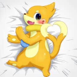  1:1 ambiguous_gender anthro arm_fins bed bedding bedding_background blush buizel cute_fangs dipstick_tail fin fur furniture generation_4_pokemon gesture gradient_eyes hi_res hirekam mammal markings nintendo on_bed orange_body orange_fur pokemon pokemon_(species) semi-anthro solo spread_legs spreading tail tail_gesture tail_heart tail_markings tan_body tan_fur 