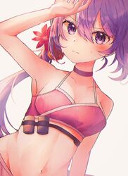  akebono_(kancolle) akebono_kai_ni_(swimsuit_mode)_(kancolle) alternate_breast_size bare_arms bare_shoulders bell bikini black_choker blush breasts choker closed_mouth commentary_request female flower hair_bell hair_between_eyes hair_flower hair_ornament jingle_bell kantai_collection long_hair looking_at_viewer medium_breasts navel official_alternate_costume purple_bikini purple_eyes purple_hair red_flower side_ponytail simple_background solo swimsuit upper_body white_background yukikaze2828 