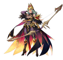  absurdres arm_behind_head arm_up armor armored_boots bare_shoulders bodysuit boots bow_(weapon) breasts cleavage closed_mouth clothing_cutout commentary_request covered_navel dark_skin earrings feather_trim female fire fire_emblem fire_emblem_heroes flaming_eye full_body gloves gold_trim gradient_clothes gradient_hair green_eyes hat high_heels highres holding holding_weapon jewelry laegjarn_(fire_emblem) laegjarn_(flame_ascendant)_(fire_emblem) large_breasts lips long_hair looking_at_viewer multicolored_hair official_art orange_hair p-nekor pantyhose pelvic_curtain purple_bodysuit red_eyes shiny_clothes shoulder_armor simple_background sleeveless solo standing two-tone_hair weapon white_background 