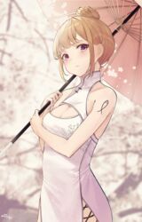  bare_arms bare_shoulders blurry breasts brown_hair china_dress chinese_clothes cleavage cleavage_cutout closed_mouth depth_of_field dress expressionless female hair_bun highres holding holding_umbrella long_hair looking_at_viewer medium_breasts oriental_umbrella original pelvic_curtain purple_eyes shoulder_tattoo sidelocks sleeveless sleeveless_dress solo star741 tattoo tied_hair umbrella upper_body white_dress 