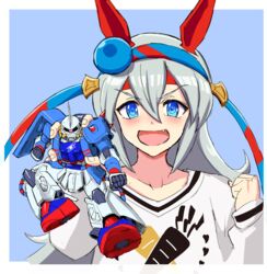  animal_ears blue_eyes border clenched_hand female grey_hair gundam gunpla hair_between_eyes hairband headband horse_ears kin-san_(sasuraiga) long_hair long_sleeves looking_at_viewer mobile_suit_gundam model_kit oerba_yun_fang open_mouth outside_border shirt smile solo tamamo_cross_(umamusume) umamusume upper_body v-shaped_eyebrows white_border white_shirt zaku_ii 