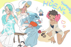  2boys 2girls alolan_sandslash alternate_costume bikini blonde_hair blue_hair blush dark-skinned_female dark_skin english_text flower food fruit glacia_(pokemon) hair_flower hair_ornament hat heart multiple_boys multiple_girls nibo_(att_130) official_alternate_costume open_mouth phoebe_(pokemon) pokemon pokemon_(creature) pokemon_masters_ex pokemon_oras sandygast smile steven_stone steven_stone_(summer_2020) sunglasses swimsuit wallace_(pokemon) watermelon 