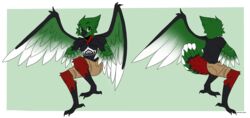  absurd_res anthro avian beak bird black_body black_feathers bottomwear clothing corvid digital_extremes eira_(eiraryyu) feathered_wings feathers female freckled_face freckles freckles_on_shoulders gradient_feathers green_body green_eyes green_feathers green_sclera hair hi_res javan_green_magpie khaki_shorts large_wings magpie_(corvid) model_sheet oscine passerine red_body red_feathers scribby_kibby shirt shorts simple_background solo t-shirt tail tail_feathers tencent topwear tuft warframe warframe_logo white_body white_feathers wings 