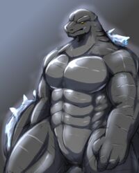  4:5 abs anthro biceps black_body godzilla godzilla_(series) kaiju looking_sideways male muscular muscular_anthro muscular_male pecs ryuukikeito scalie simple_background solo toho yellow_eyes 