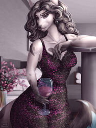  2022 3:4 5_fingers alcohol anthro beverage black_claws black_eyes black_eyeshadow black_hair black_nose blue_highlights breasts canid canine claws clothed clothing cocktail_dress container cup dark_eyes detailed_background diamond_(marking) digital_media_(artwork) dress drinking_glass eyebrows eyelashes eyeshadow female fingers flower fox fur furniture glass glass_container glass_cup grey_hair hair head_tilt highlights_(coloring) looking_at_viewer makeup mammal markings multicolored_clothing multicolored_dress p-v-s plant resting_arm solo white_body white_fur wine wine_glass 