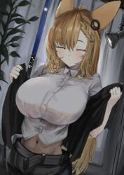  absurdres animal_ears antenna_hair arknights asymmetrical_bangs belt black_jacket blush braid breasts brown_hair closed_eyes closed_mouth collared_shirt cowboy_shot crop_top curtains dress_shirt facing_viewer female highres indoors jacket kajuu kroos_(arknights) kroos_the_keen_glint_(arknights) lamp large_breasts long_hair midriff navel night open_clothes open_jacket rabbit_ears shirt solo undressing very_long_hair 