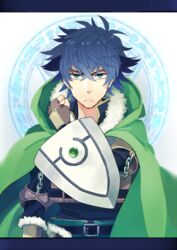  1boy armor black_hair buckler cape frown fur-trimmed_armor fur-trimmed_cape fur-trimmed_gloves fur_trim gloves green_eyes highres iwatani_naofumi looking_at_viewer male_focus rotten_tofu shield short_hair solo tate_no_yuusha_no_nariagari 