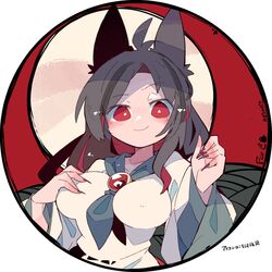  animal_ears antenna_hair black_hair blush breasts bright_pupils brooch closed_mouth commentary_request commission dress eyes_visible_through_hair female fingernails full_moon grey_neckerchief hand_on_breast hands_up imaizumi_kagerou jewelry large_breasts long_fingernails long_hair long_sleeves looking_at_viewer massakasama moon multicolored_hair neckerchief profile_picture raised_eyebrow red_background red_eyes red_hair red_nails round_image sharp_fingernails signature skeb_commission smile solo streaked_hair touhou translation_request upper_body white_dress white_pupils wide_sleeves wolf_ears 