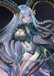  blush braid breasts chains cleavage crossed_arms crossed_bangs curled_horns fate/grand_order fate_(series) female gloves gradient_background grey_background hair_between_eyes hands_on_own_chest heheneko horns large_breasts long_hair long_horns looking_at_viewer navel parted_lips photoshop_(medium) pink_eyes pointy_ears pubic_tattoo smile solo stomach_tattoo striped_clothes striped_gloves symbol-shaped_pupils tail tattoo thighs tiamat_(fate) twin_braids vertical-striped_clothes vertical-striped_gloves very_long_hair 