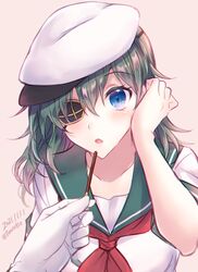  blue_eyes eyepatch female food gloves green_hair hat holding holding_food kabocha_torute kantai_collection kiso_(kancolle) kiso_kai_ni_(kancolle) medium_hair neckerchief paid_reward_available pocky red_neckerchief sailor_hat school_uniform serafuku short_sleeves solo_focus white_gloves white_headwear 