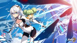  2girls ai-chan_(honkai_impact) beam blue_eyes blue_sky bodysuit braid breasts cleavage closed_mouth cloud cloudy_sky copyright_name double_bun dress drone dual_wielding green_hair gun hair_bun handgun highres holding holding_gun holding_weapon honkai_(series) honkai_impact_3rd kiana_kaslana kiana_kaslana_(white_comet) logo long_hair looking_at_viewer multiple_girls official_art orange_eyes outdoors second-party_source sky sleeveless sleeveless_dress smile twin_braids v-shaped_eyebrows weapon white_dress white_hair 