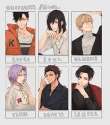  1o8k 6+boys aqua_eyes arm_up beads black_hair black_shirt blonde_hair brown_hair character_name claude_von_riegan clothes_writing collared_shirt commentary crossover dress_shirt earrings english_commentary fate/stay_night fate_(series) fire_emblem fire_emblem:_three_houses gilgamesh_(fate) green_eyes haikyuu!! hair_between_eyes hair_over_one_eye hand_up highres howl_(howl_no_ugoku_shiro) howl_no_ugoku_shiro jacket jacket_on_shoulders james_(pokemon) jewelry kuroo_tetsurou looking_at_viewer looking_down lucifer_(obey_me!) male_focus medium_hair multiple_boys multiple_crossover multiple_drawing_challenge necklace obey_me!:_one_master_to_rule_them_all! orange_jacket parted_lips pendant pokemon pokemon_(anime) purple_hair red_eyes shirt six_fanarts_challenge sleeves_rolled_up smile smirk team_rocket turtleneck upper_body white_shirt 