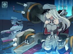  2girls absurdres anchor artist_logo bad_id bad_twitter_id bismarck_(kancolle) black_gloves blonde_hair breasts cannon capelet commentary_request cowboy_shot detached_sleeves fujiyama_ichiha gloves graf_zeppelin_(kancolle) grey_eyes hat highres kantai_collection large_breasts long_hair machinery military military_hat military_uniform multiple_girls peaked_cap sidelocks standing turret twintails uniform 