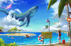  backpack bag beach bird blue_whale brown_hair cloud day dew_(7302235) dolphin female flying_whale hat innertube ladder long_hair original outdoors rolling_suitcase rowboat scenery sign sky speaker suitcase swim_ring tree whale 