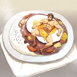  1boy abs bara beard brown_hair completely_nude convenient_censoring curry egg_yolk facial_hair food food_focus fried_egg full_body gazef_stronoff hiwen-d large_pectorals lying male_focus mature_male mini_person miniboy muscular muscular_male nude on_back overlord_(maruyama) pectorals rice short_hair sideburns smile solo stomach thick_thighs thighs 