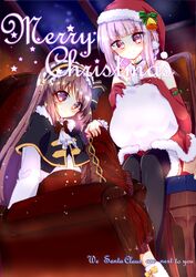  2girls armchair ascot black_cape black_pantyhose brown_eyes brown_hair cape chair christmas closed_mouth commentary_request cursive dress dress_shirt elbow_gloves english_text engrish_text frilled_hairband frills fur-trimmed_legwear fur_trim gloves hair_ornament hairband hand_on_own_knee hat hat_bell high-waist_skirt highres holding holding_sack knee_up long_hair looking_at_viewer magia_record:_mahou_shoujo_madoka_magica_gaiden magical_girl mahou_shoujo_madoka_magica medium_skirt merry_christmas multiple_girls pantyhose pink_eyes pink_hair ranguage red_dress red_gloves red_headwear red_skirt sabtama111 sack santa_dress santa_hat satomi_touka satomi_touka_(holy_night_ver.) shirt short_dress sitting skirt smile star_(symbol) star_hair_ornament tamaki_iroha tamaki_iroha_(christmas_costume) thighhighs white_ascot white_shirt 