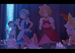  2girls alternate_costume animal_ear_fluff animal_nose black_choker black_fur blue_choker blue_dress blue_eyes blue_hair blush bottle bow bracelet braixen brown_hair choker collarbone commentary_request dress gloves hairband hairbow hand_on_own_hip holding holding_bottle jewelry letterboxed looking_down looking_to_the_side meowstic meowstic_(male) miette_(pokemon) multiple_girls notori_d orange_eyes pancham photoshop_(medium) pink_bow pokemon pokemon_(anime) pokemon_(creature) pokemon_xy_(anime) red_bow serena_(pokemon) short_hair slurpuff smile snout standing sylveon water_bottle white_fur white_gloves yellow_fur 