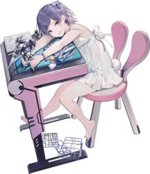  aged_down barefoot bracelet chair desk dress female full_body gunpla hair_ornament holding holding_toy iron_saga jewelry looking_at_viewer model_kit nineo official_art parted_lips pliers prussian_blue_lancer_(iron_saga) purple_eyes purple_hair rabbit_tail side_ponytail sitting solo sprue tail teresa_(iron_saga) third-party_source toy transparent_background white_dress 