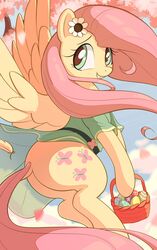  absurd_res ass basket clothing container cutie_mark dock_(anatomy) easter easter_egg equid equine feathered_wings feathers female feral flower fluttershy_(mlp) friendship_is_magic green_eyes hair hasbro hi_res holidays long_hair mammal my_little_pony mythological_creature mythological_equine mythology nookprint pegasus pink_hair pink_tail plant solo tail tree wings 