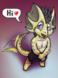  anthro biped clothed clothing dialogue english_text heart_symbol high-angle_view ido_(mirroidal) kobold looking_at_viewer male open_mouth purple_eyes purple_stripes scales scalie sharp_teeth solo speech_bubble standing striped_body striped_scales stripes tail tail_motion tailwag teeth text topless vdisco yellow_body yellow_scales 